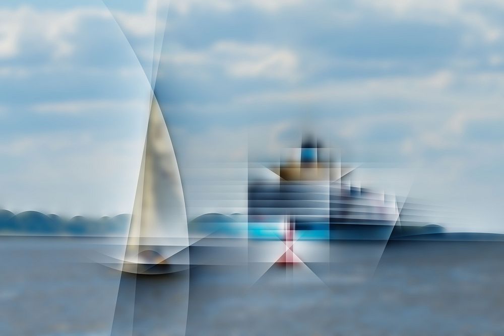 Containerschiff, Segelboot und rote Tonne